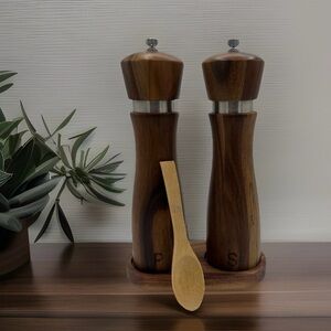 Acacia Wooden Salt and Pepper Grinder Set 8in, Adjustable Coarse, Tray & Spoon